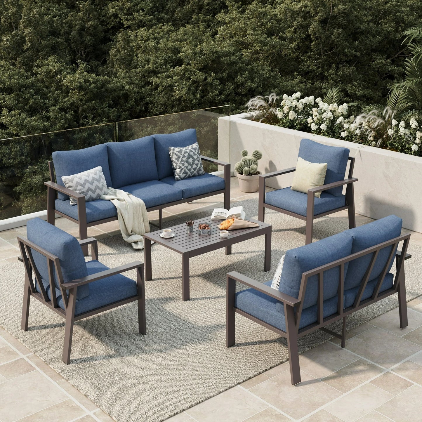 Aluminum Patio Furniture Set, Contemporary Outdoor Couch Set, Aluminum Patio Conversation Set, Blue