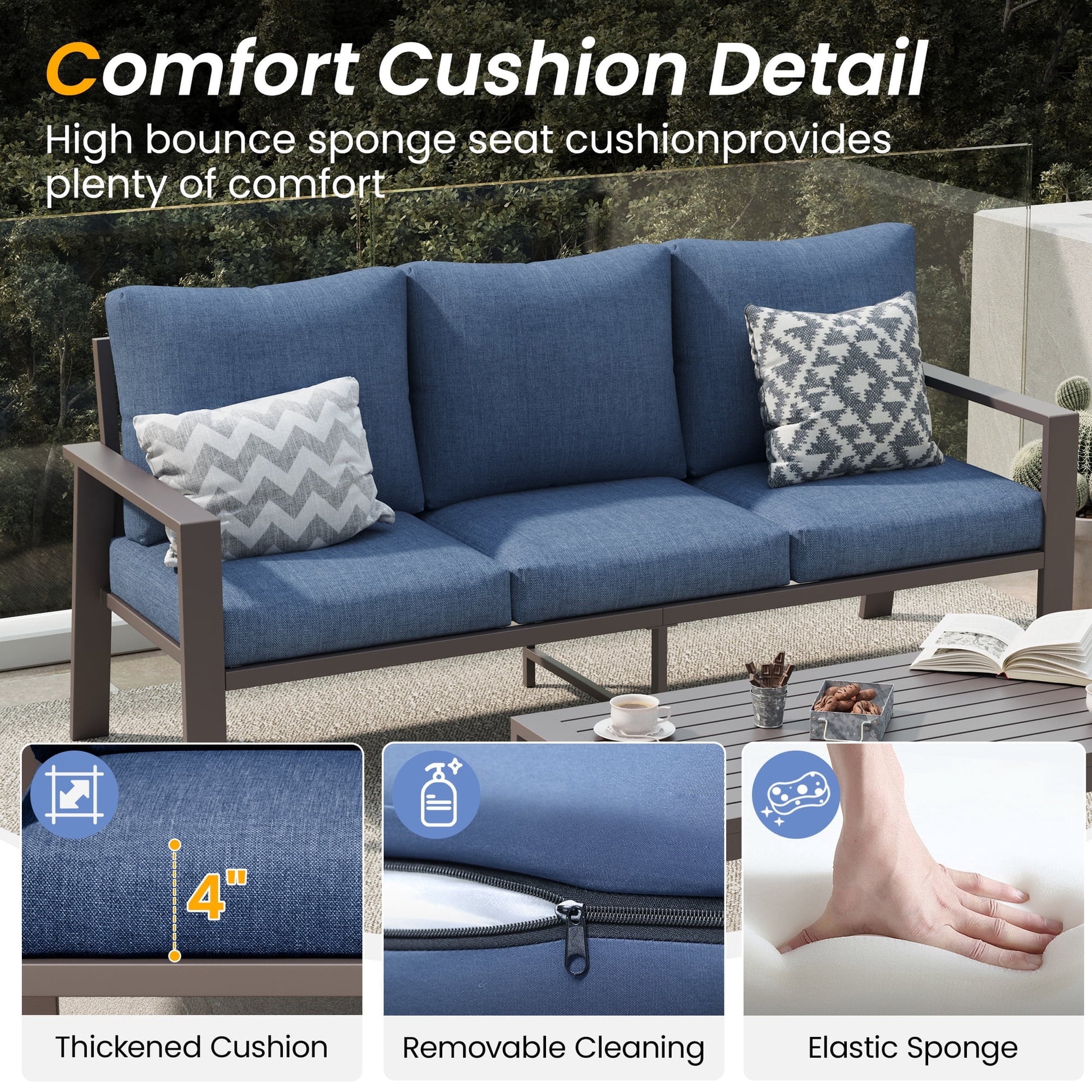 Aluminum Patio Furniture Set, Contemporary Outdoor Couch Set, Aluminum Patio Conversation Set, Blue